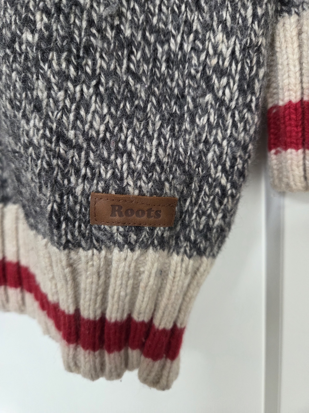 Roots Gray V-Neck Sweater with Cream and Red Stripe Trim - Picture 5 of 6
